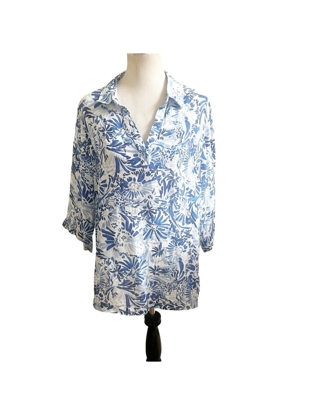 Cynthia Rowley Popover 100% Linen Tunic Plus Size 1X Blue Floral Button Sides
